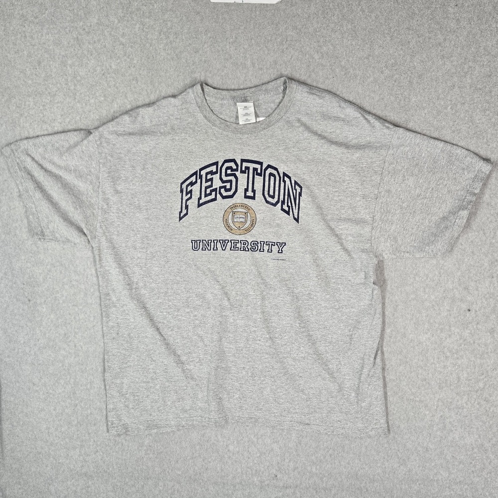 VINTAGE Feston University 2002 Men Shirt 2XL Gray Logo Graphic Print Crew Neck